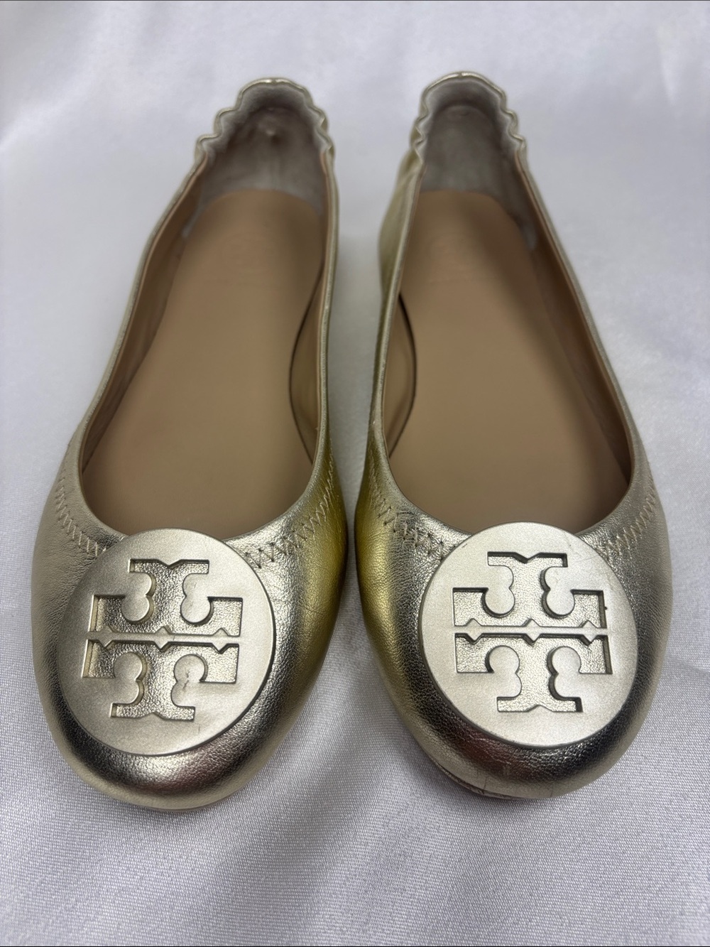 Tory Burch Metallic Champagne Logo Ballet Flats